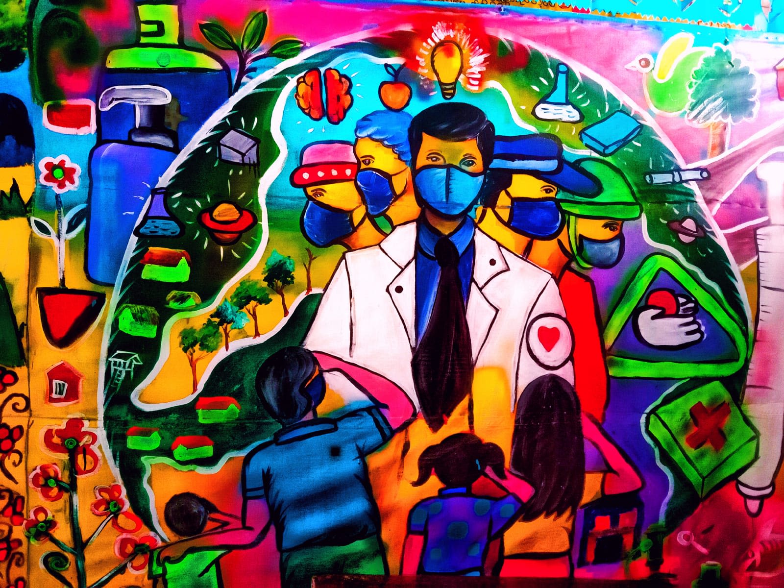 An illustration of children looking up to different professions including a doctor