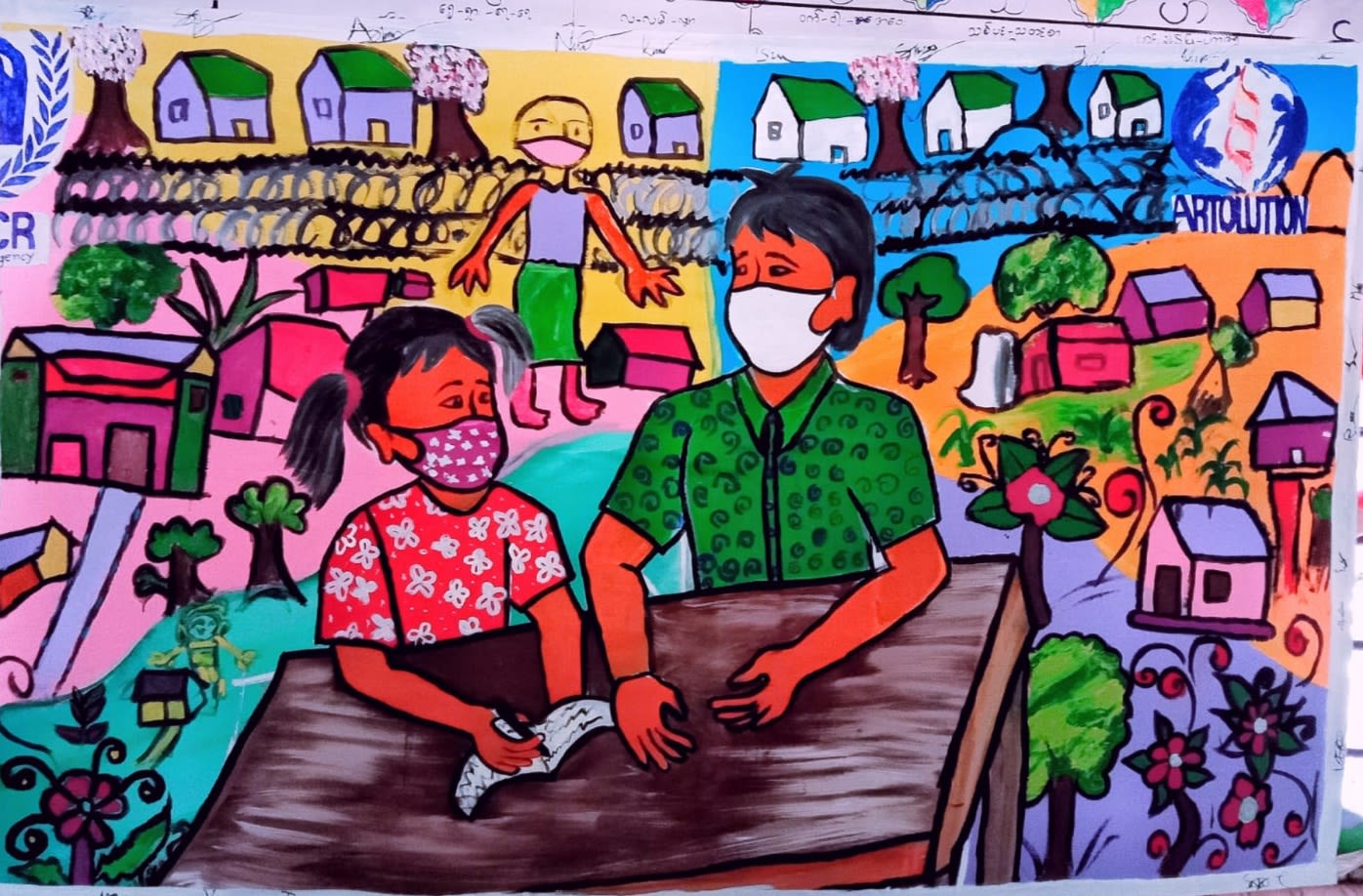 An illustration of a child and father wearing face masks
